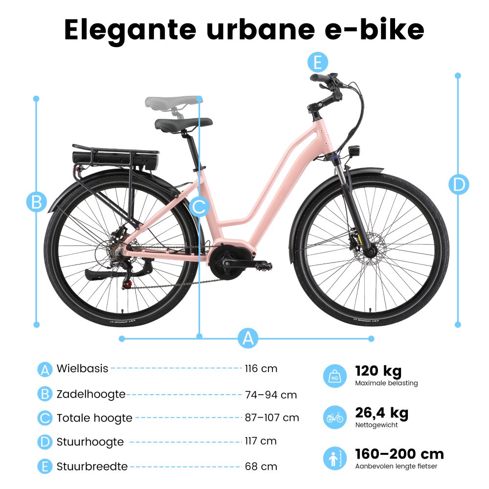 Maxtron Urban 8 - Elektrische Fiets - 28 inch - 250W Motor - 36V 12.8Ah Accu -Roze